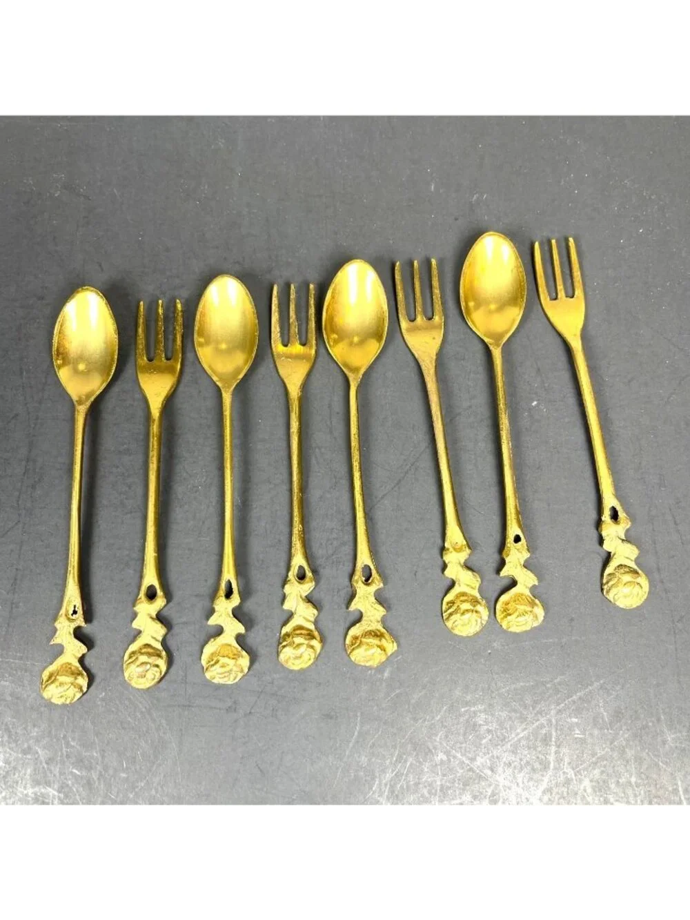 Vintage Gold Color Rose Handle Demitasse Coffee Spoon Dessert Salad Fork 8 pc